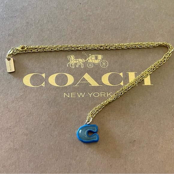 Coach Blue & Gray Lucite “C” Pendant 18k/.925 Sterling Silver Necklace - Picture 5 of 6